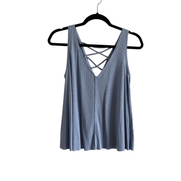 Lucky Brand Women S Sky Blue Ribbed Knit V-Neck Sandwash Lace-Up Back Swing Tank - Picture 3 of 11